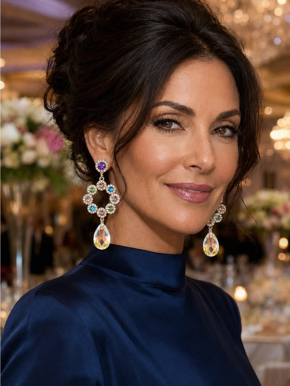 Multicolor Crystal Hoop Drop Earrings with Teardrop Dangles - Gold Tone